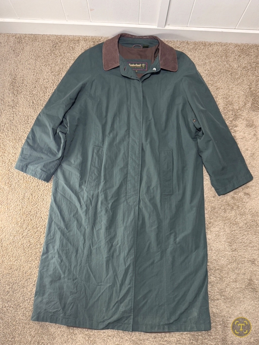 Timberland Green Long Raincoat with Brown Corduroy Collar